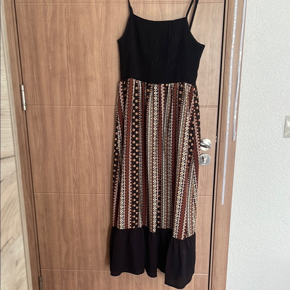 SHEIN Black and Brown Patterned Midi Dress